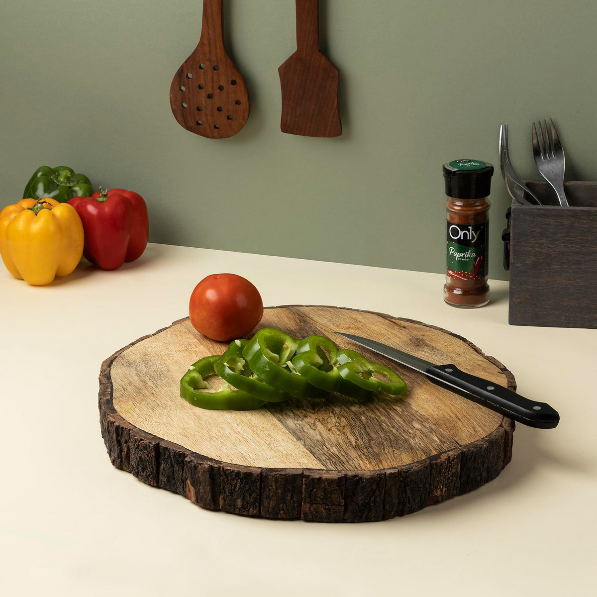 GoCraft Wooden Round Cutting Board with Tree Bark Rim | 1.5" Thick Mango Wood Live Edge Chopping, Prep, Serve Board | Charcuterie Platter - 12.5"