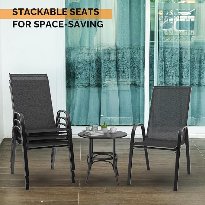 VINGLI Patio Chairs Set of 4 – Stackable Outdoor Dining Chairs with Comfortable Sling High Back Chairs and Armrests for Lawn, Poolside, Courtyard, Balcony, Garden, Black