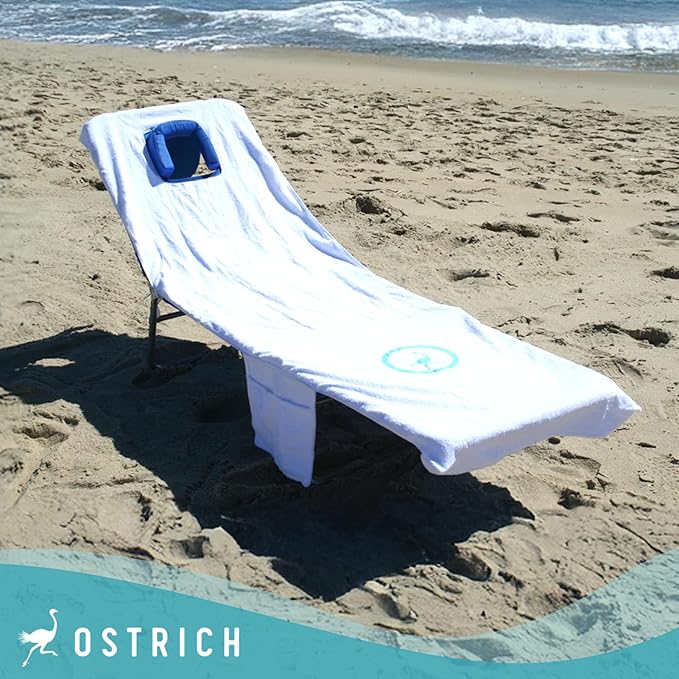 Ostrich Custom Fitted Towel for Chaise Lounge, Outdoor Beach Chair Cover with Storage Pockets, White - Towel Only - Chair Not Included