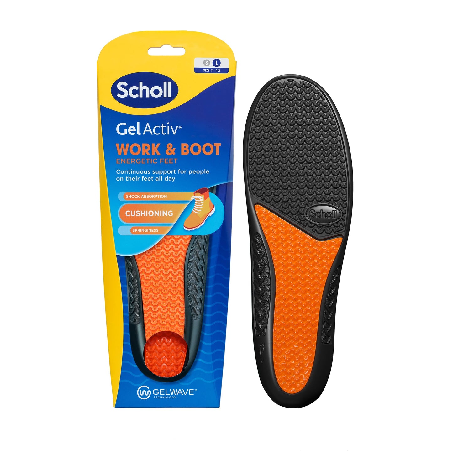Scholl GelActiv Work Insoles for Men, All Day Comfort at Work, Shock Absorption and Comfort Cushioning with GelWave Technology, UK Size 7-12