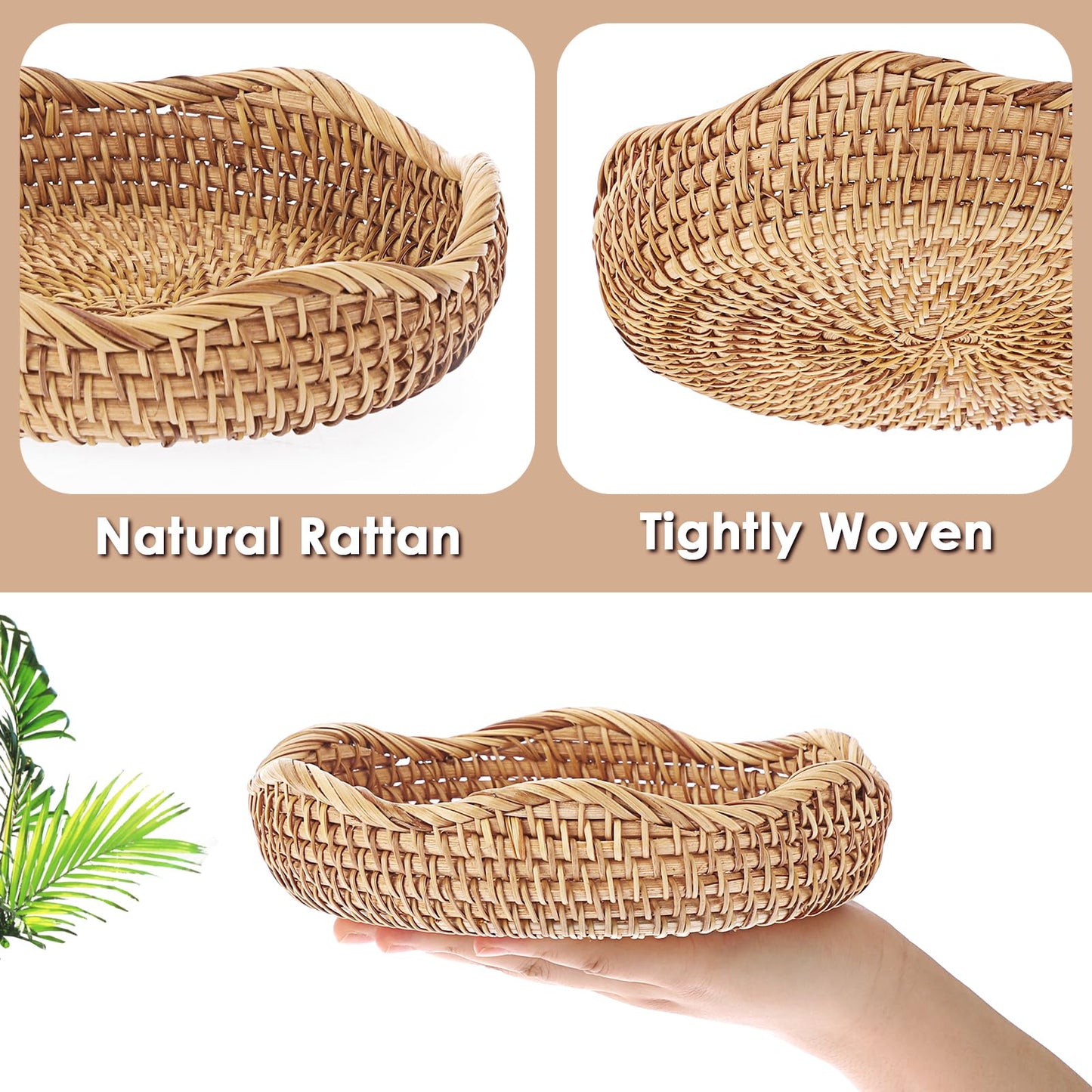 Hipiwe Round Key Basket Bowl for Entryway 7.3" Natural Rattan Fruit Bowl Woven Wicker Basket Serving Tray Rattan Organizer Decorative Baskets for Kitchen Counter Bedside Living Room