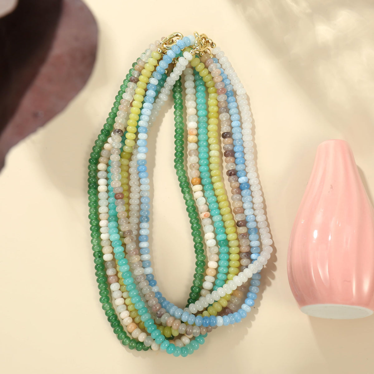 CONRAN KREMIX Light Gray Stone Beaded Necklace for Women,Natural Stone Bead Choker Necklaces Boho Summer Beach Necklace Gemstone Jewelry Gift for Women