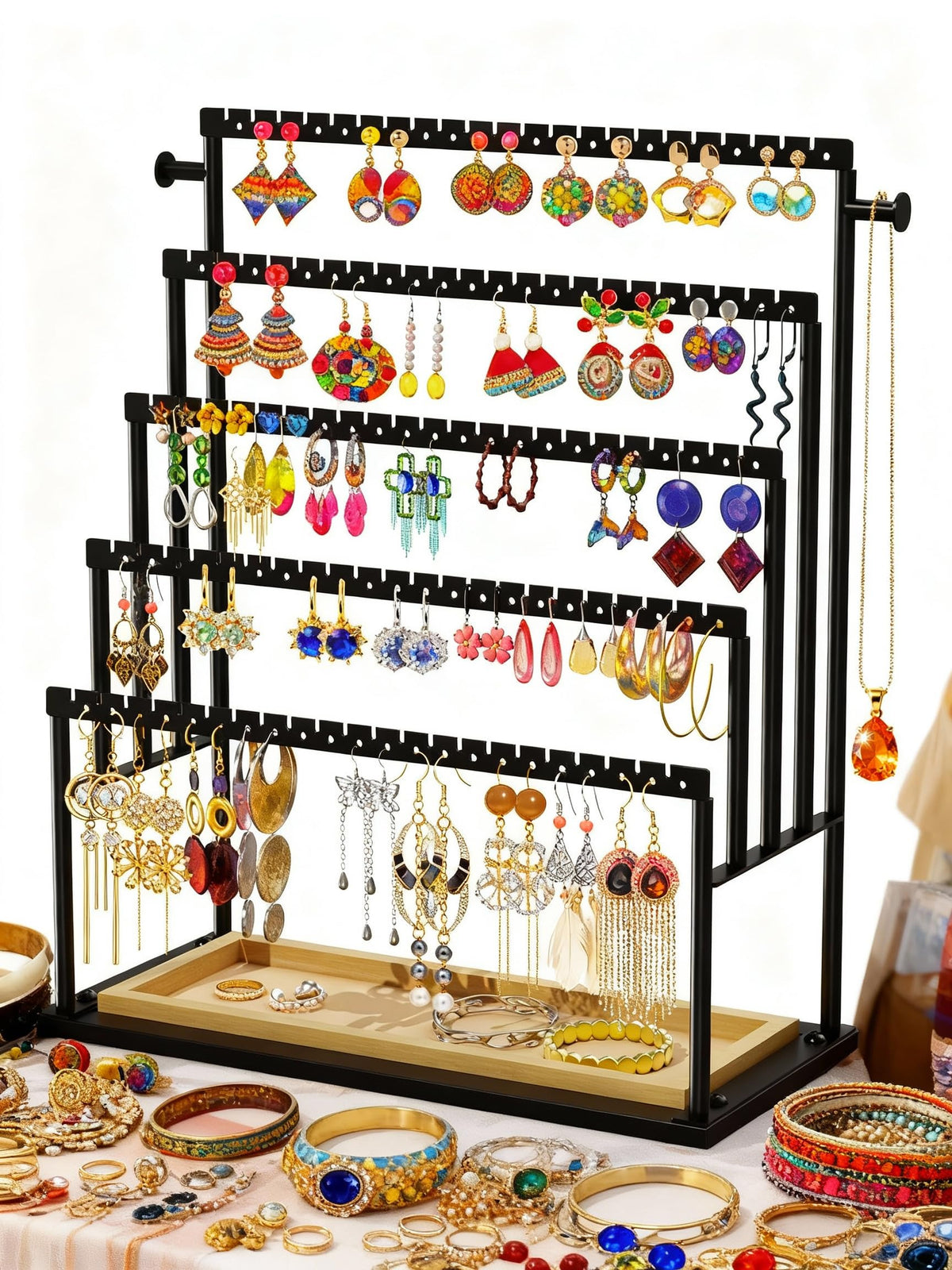 TIPSYTREE Earring Holder Organizer, 5-Tier Jewelry Display Stand with Matte Black Metal Frame and Wooden Tray, Large Earring Holder for Studs, Hoops, Dangles, Modern Jewelry Organizer for Women