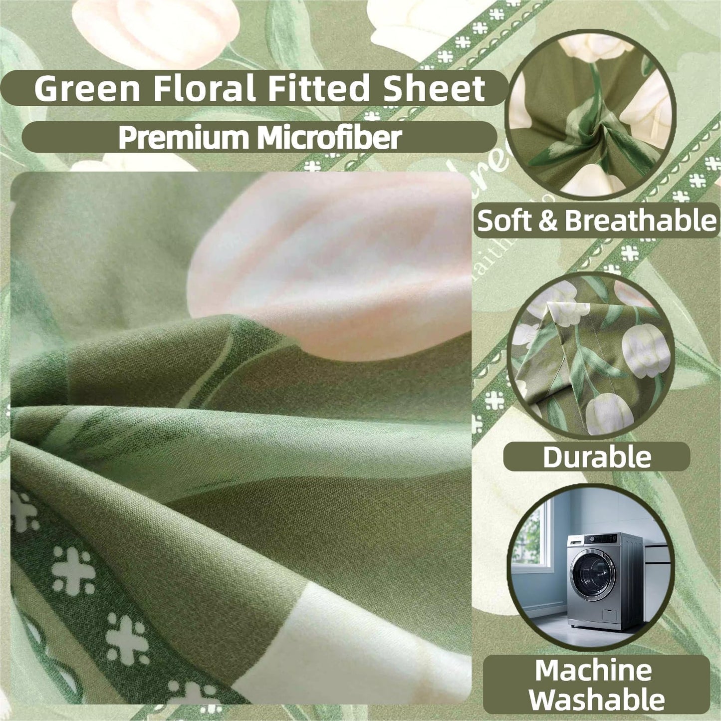 SDIII Green Floral Full Fitted Sheet with 2 Pillowcases, Deep Pocket Soft Microfiber Floral and Rabbit Sheet Full Size All Season