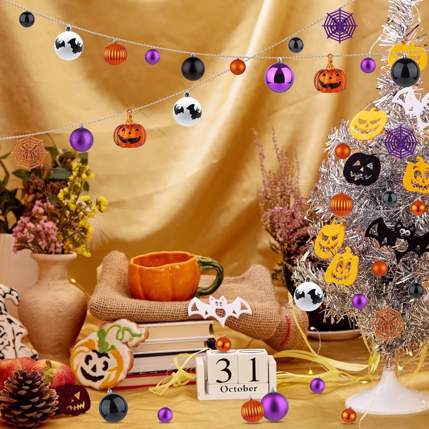 Halloween Ornaments Tree Decorations, 61 Pack Shatterproof Halloween Hanging Ball Ornaments Set with Loop for Party Holiday Indoor Home Decor