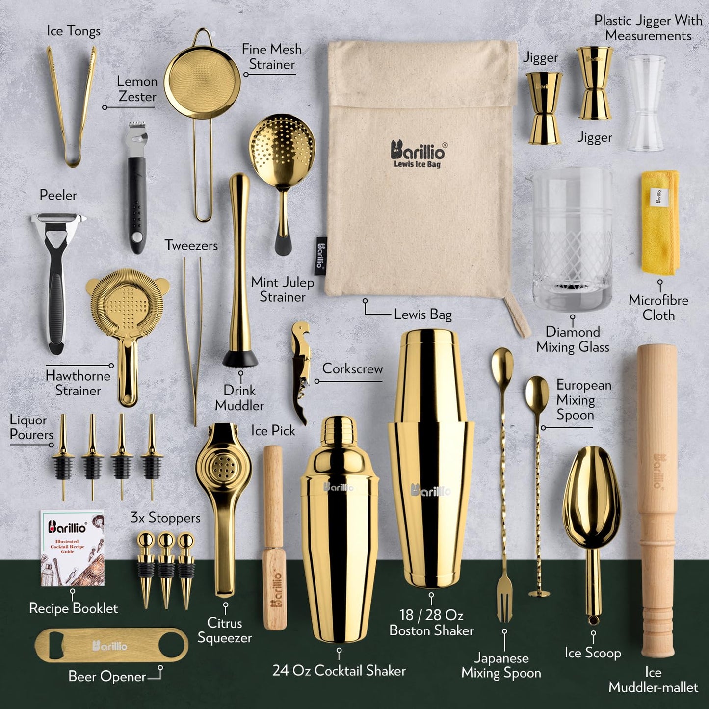 Barillio Bar Tool Set Pro Edition - Gold Stainless-Steel Cocktail Shaker Set - Mixology Bartender Kit w/Boston Shaker, Drink Mixer & Muddler for Cocktails - Home Bar Accessories - 32-Pc Bar kit