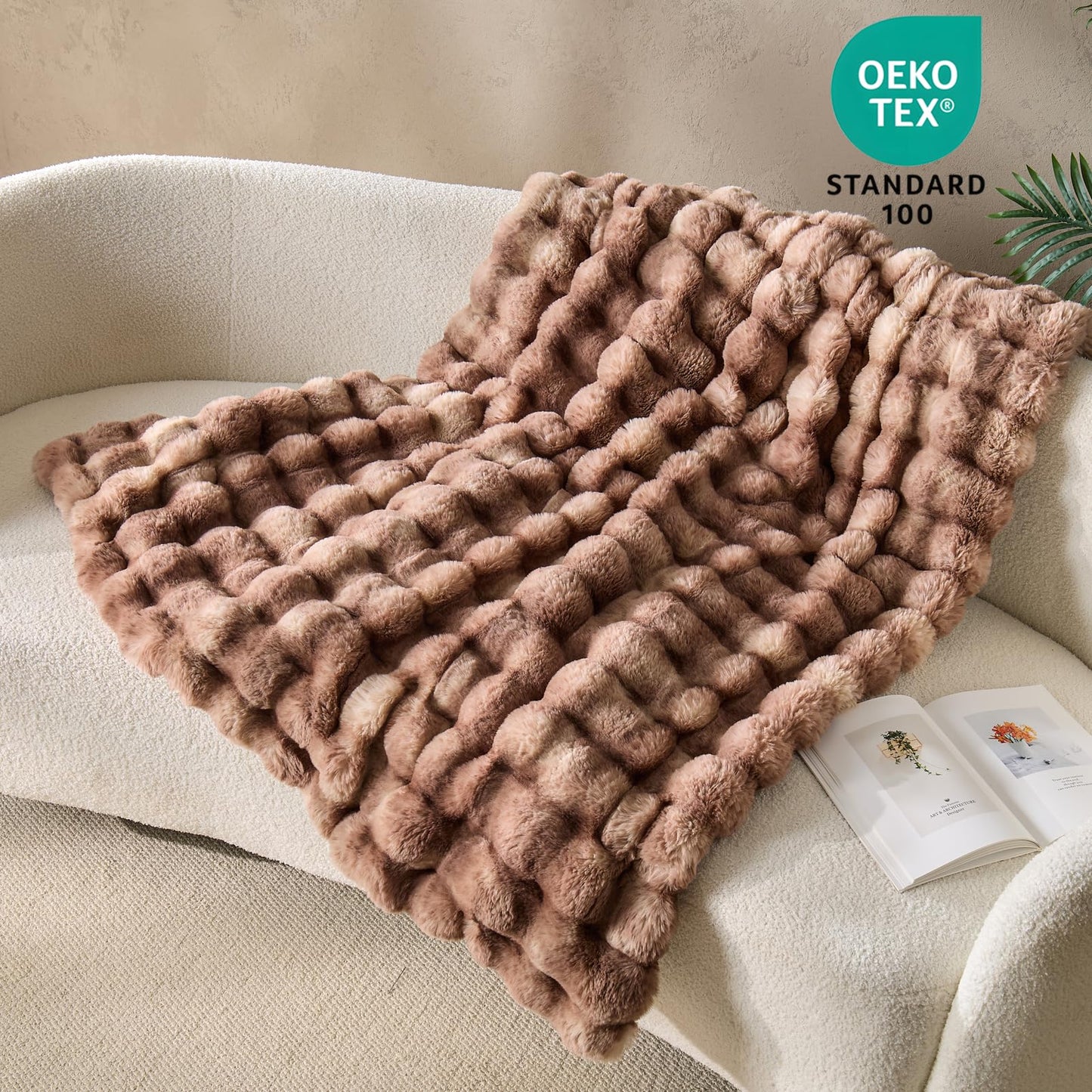 DOWNCOOL Faux Fur Throw Blanket for Couch, Soft Fluffy Fuzzy Plush Bubble Blanket for Sofa Bedroom Living Room, Cozy Warm Luxury Fleece Minky Blanket, 50x60 Inches Tie-dye Brown