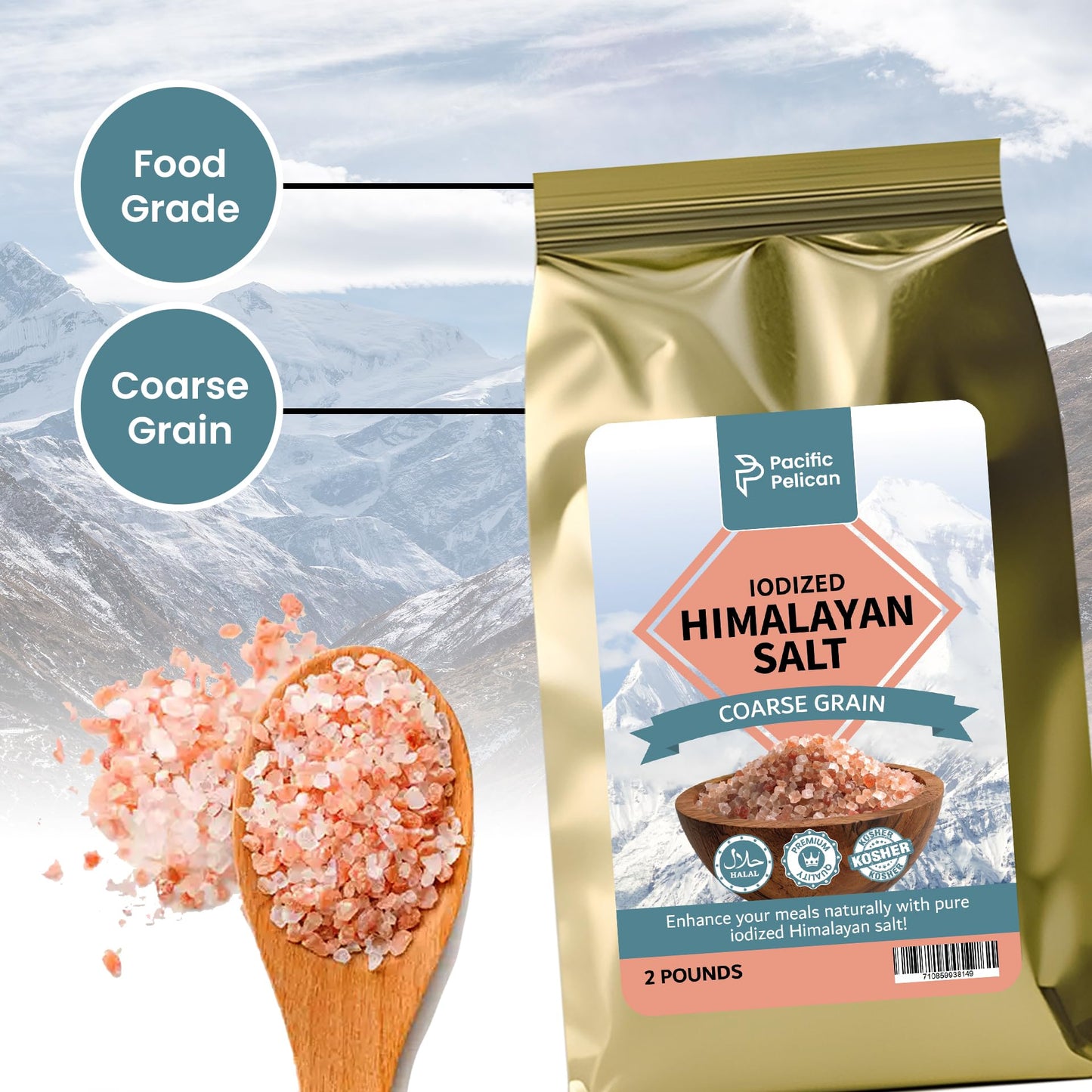 Pacific Pelican Iodized Himalayan Pink Salt | Coarse Grain, Unrefined, Pure Rock Salt | 2 Pounds | 100% Natural & Organic for Cooking, Seasoning & Wellness