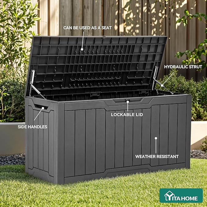 YITAHOME 80 Gallon Outdoor Storage Box, Large Waterproof Resin Deck Box, Indoor Outdoor Lockable Storage Container for Patio, Garden, Cushions, Tools, Equipment (Dark Gray)