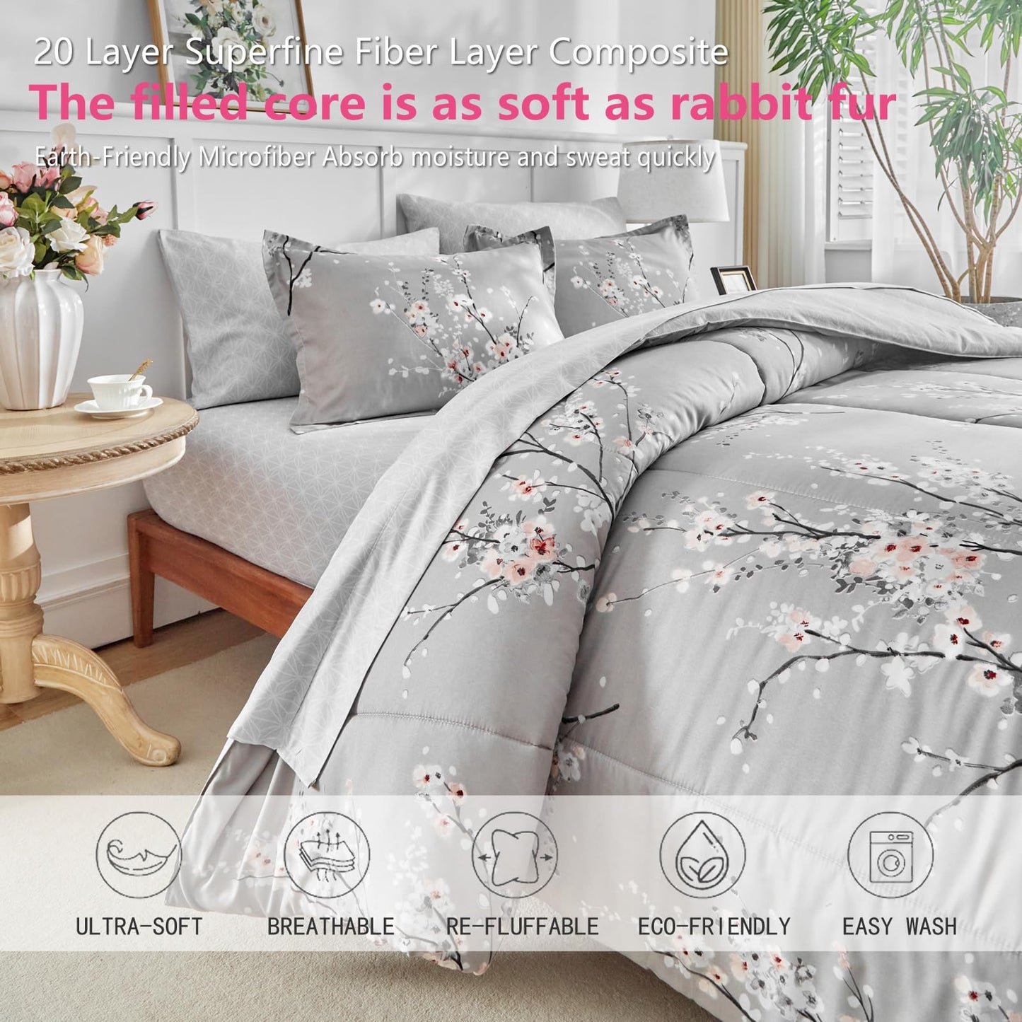 AIKASY Bed in a Bag 7 Pieces Queen Size - Floral Print - Soft Microfiber, Reversible Bed Comforter Set (1 Comforter, 2 Pillow Shams, 1 Flat Sheet, 1 Fitted Sheet, 2 Pillowcases)（Grey, Queen）
