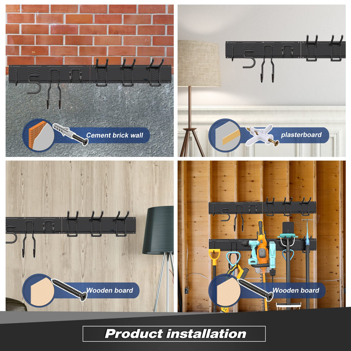 Sttoraboks Garage Wall Organizer, Heavy Duty Tool Hangers for Garage Wall with 8 Double Hooks & 3 Rails, Tool Organizer Wall Mount, Garage Hanging Storage Rack for Shovel, Rake, Broom and Ski Gear