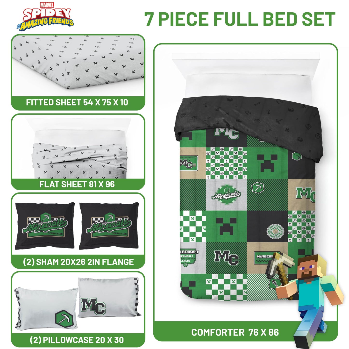 Jay Franco Kids Comforter Set Includes Sheets and Pillow Covers - Soft and Cozy Bed Set for Stylish Room Decor, Official Licensed Bedding, Multi - Minecraft, 7 Piece Full