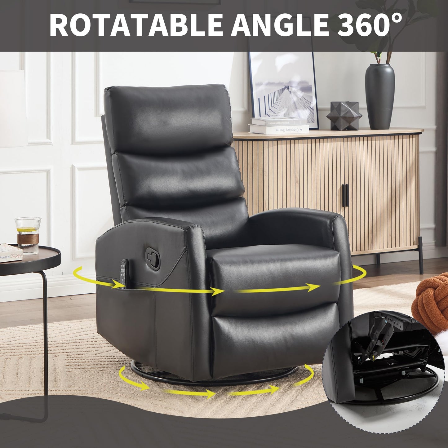 KEIKI 4-in-1 Manual Swivel Rocker Recliner Chair for Home Living Room, Faux Leather Chair with Back Massager & Heat, Home Theater Seating with Lumbar Support, Portable Chairs for Adults, Black