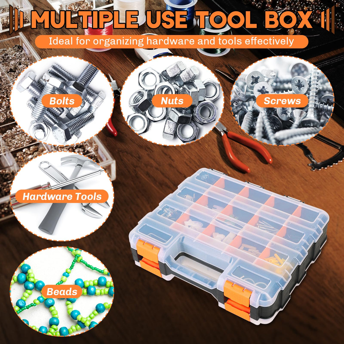weyleity Small Parts Organizer | Storage Case Tools Box Organizer 34-Compartments Double Side Organizer Box with Removable Dividers for Small Hardware, Screws, Bolts, Nuts, Nails, Beads, Jewelry (1)