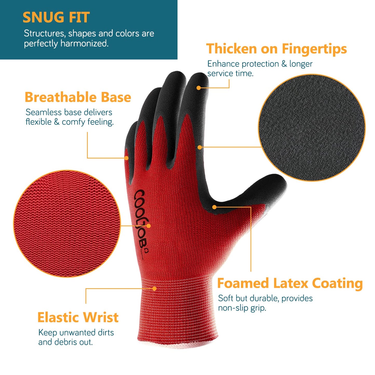 COOLJOB Gardening Gloves for Men, 6 Pairs Work Gloves Men, Durable Garden,Rubber Coated Safety Working for Power Grip, Men’s Large Size Fits Most, Black & Red (Half Dozen L)