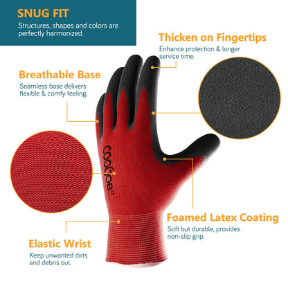 COOLJOB Gardening Gloves for Men, 6 Pairs Work Gloves Men, Durable Garden,Rubber Coated Safety Working for Power Grip, Men’s Large Size Fits Most, Black & Red (Half Dozen L)