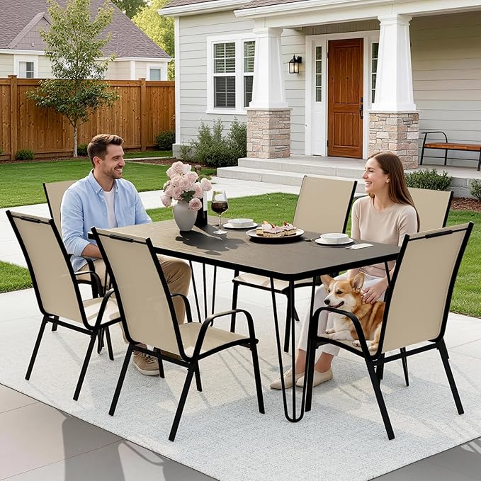 JEAREY Patio Dining Chairs Set of 6, Outdoor Stackable Dining Furniture Set, All Weather Dining Set for Lawn, Garden, Backyard, Poolside, Beige