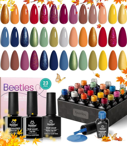 Beetles Halloween Gel Nail Polish - 39 Pcs Jelly Nail Set Glitter Changing Nail Polish Kit Treasure Box Collection with 3Pcs Base Matte and Glossy Top Soak Off Nails