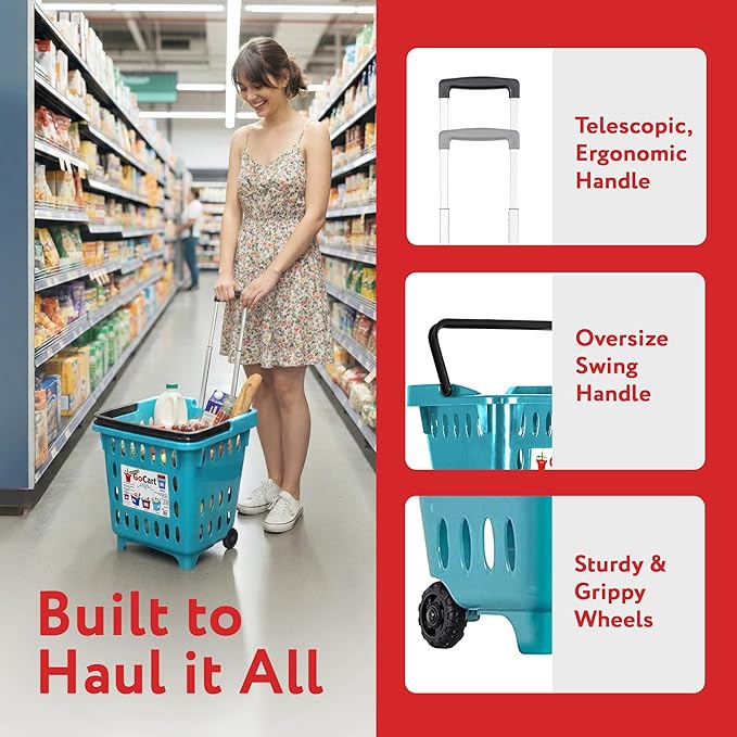 dbest products GoCart, Teal Grocery Cart Shopping Laundry Basket on Wheels