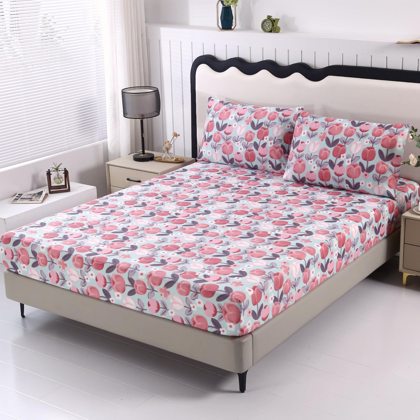 SDIII Pink Floral Full Fitted Sheet with 2 Pillowcases, Deep Pocket Soft Microfiber Romantic Blush Pink Floral Sheet Full All Season