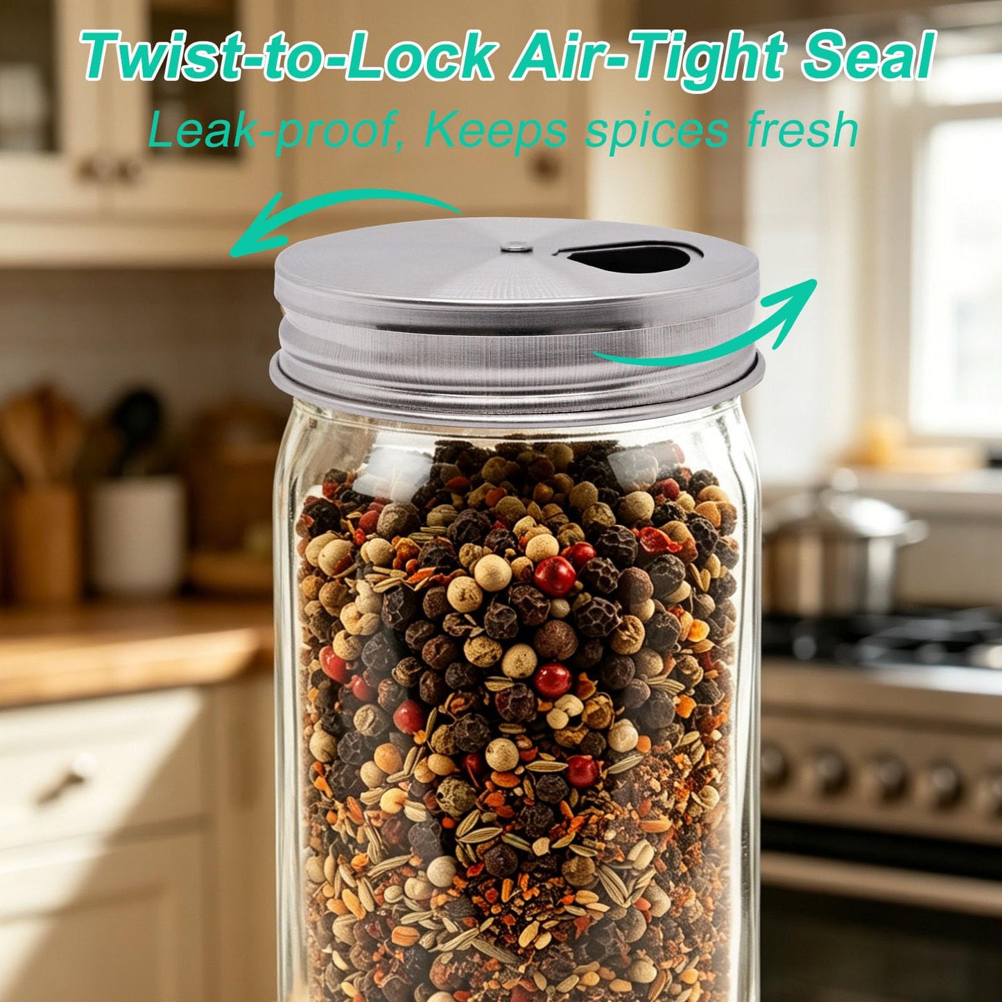 BENLIUDH Adjustable Mason Jar Spice Shaker Lids for Regular Mouth, 4 Pack Stainless Steel Seasoning Dispenser Lids with Shaker and Pour Options for Salt Sugar Seasoning Flour