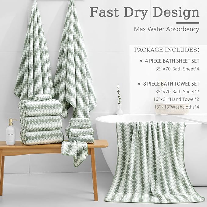 8 Piece Bathroom Towel Set Green |2 Oversized Large Bath Towels Sheet, 2 Hand