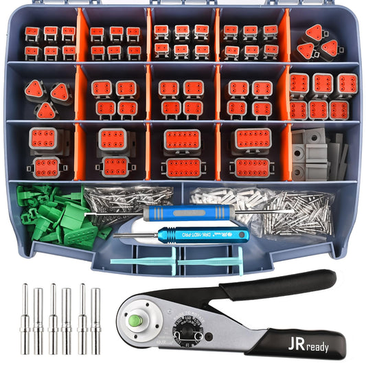 JRready DW5010 Deutsch Connector Kit, 2 3 4 6 8 12 Pin IP68 Waterproof DT Connectors Kit with ACT-M202 Adjustable Deutsch Crimp Tool for 12-22AWG, Size 16 Solid Contact Pins 16-20AWG