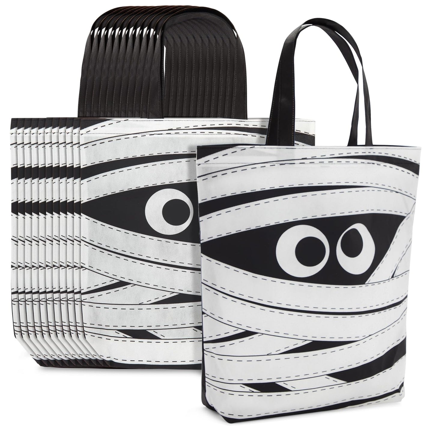 BLUE PANDA Halloween Tote Bags - 15 x 16 in, Black & White Canvas, Pack of 12 - Reusable Mummy-Print Trick-or-Treat Goodie Bag for Party Favors
