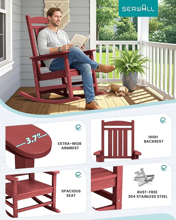 SERWALL Oversized Outdoor Rocking Chair, All-Weather Patio Rocking Chair, HDPE Porch Rocker for Adults, Red