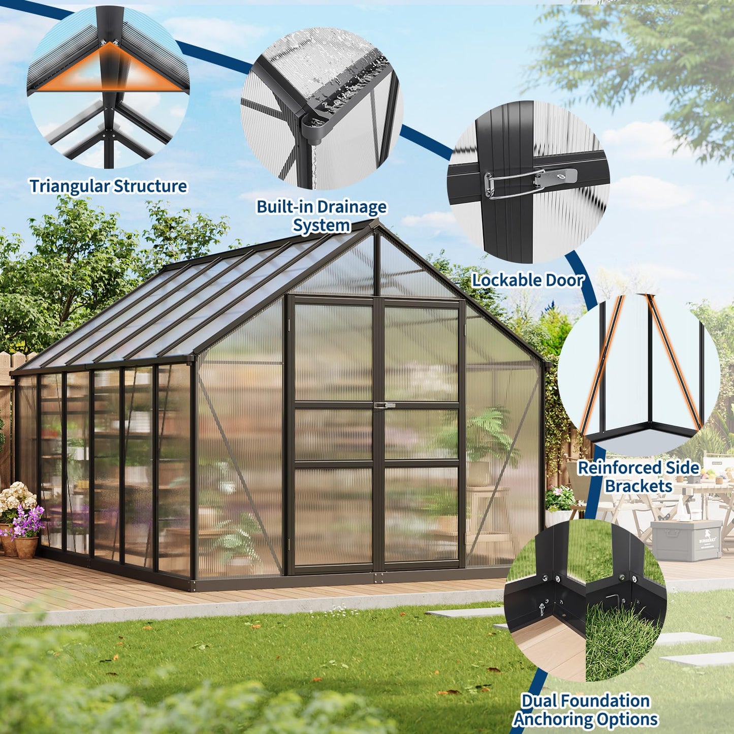 8x12 FT Polycarbonate Greenhouse,Large Walk-in SturdyOutdoor Aluminum Frame Greenhouse with Roof Vent, Lockable Push Door,for Garden, Backyard, Patio & Lawn(Black)