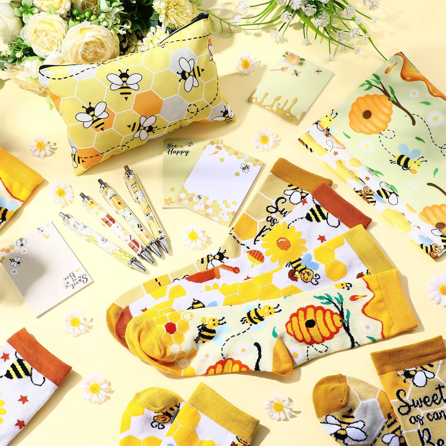 Dispowreath 16 Pcs Bee Lover Gifts for Women:Cute Bee 3"x4" Sticky Notepads Pens Makeup Bags Socks Set for Animals Lover Graduation Birthday Gifts Office Desk Decor
