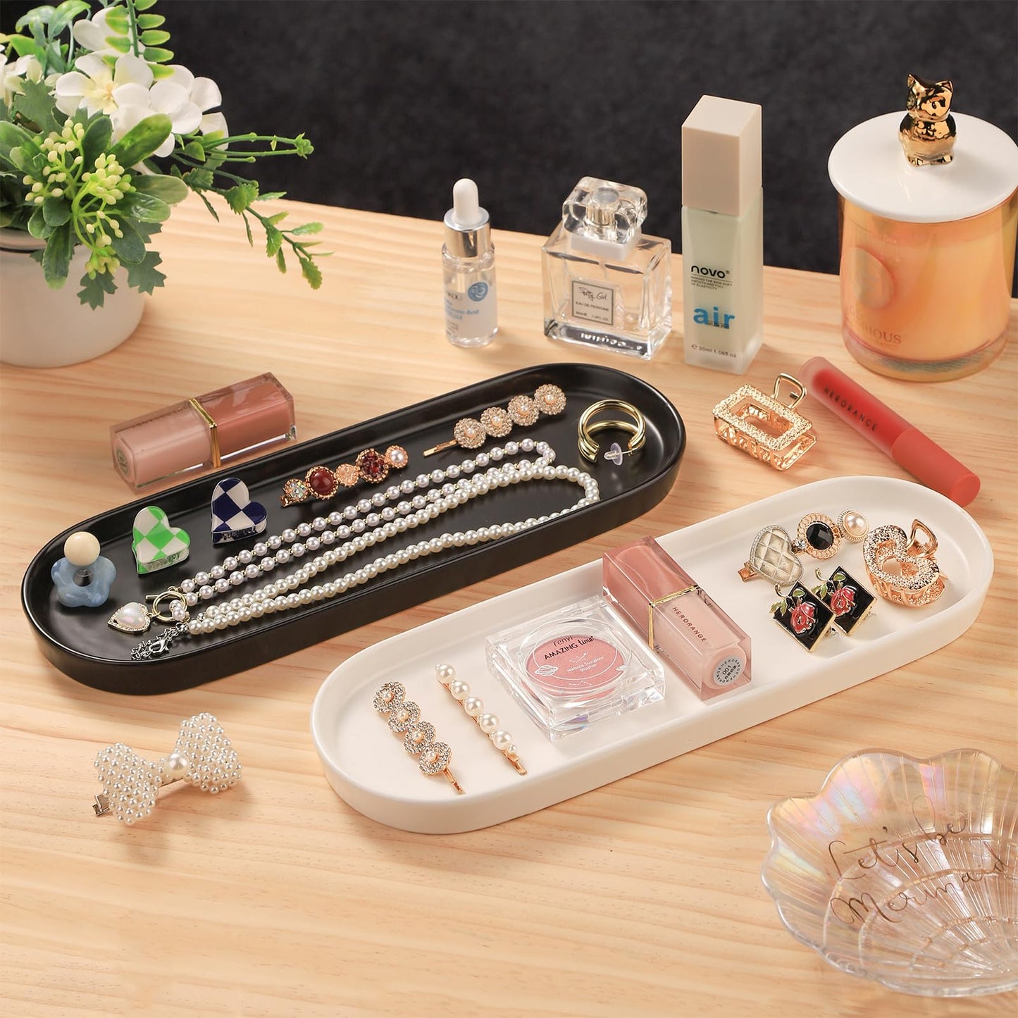 VanEnjoy White Vanity Tray for Bathroom Counter, Long Narrow Tray Ceramic Tray for Kitchen Counter for Soap Bottles