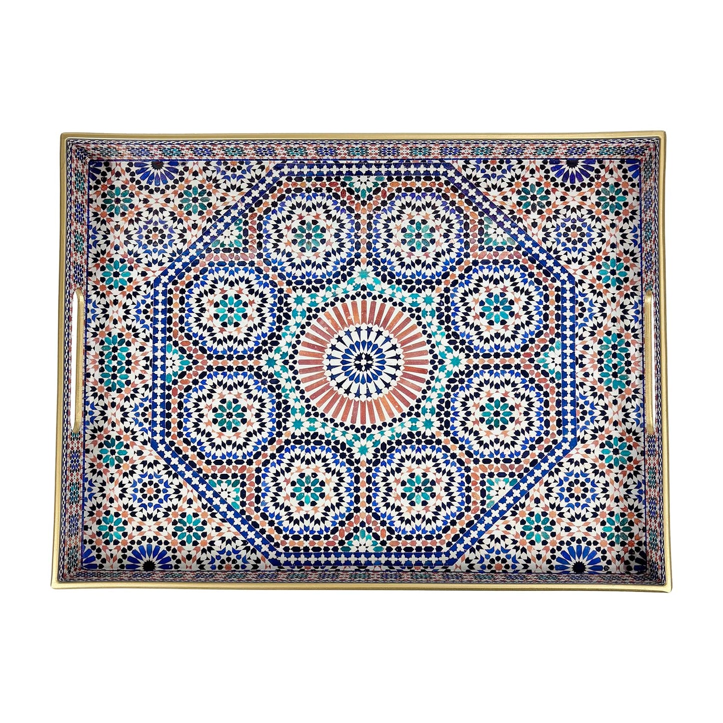 Plastic Coffee Trays,Serving Tray,Bohemian Blue Tray,15.7" L x 11.8" W x 1.57" H,Lightweight and Non-Slip with Handles,Perfect for Restaurants,Cafés,and Home Use(Rectangle Bohemian Blue)