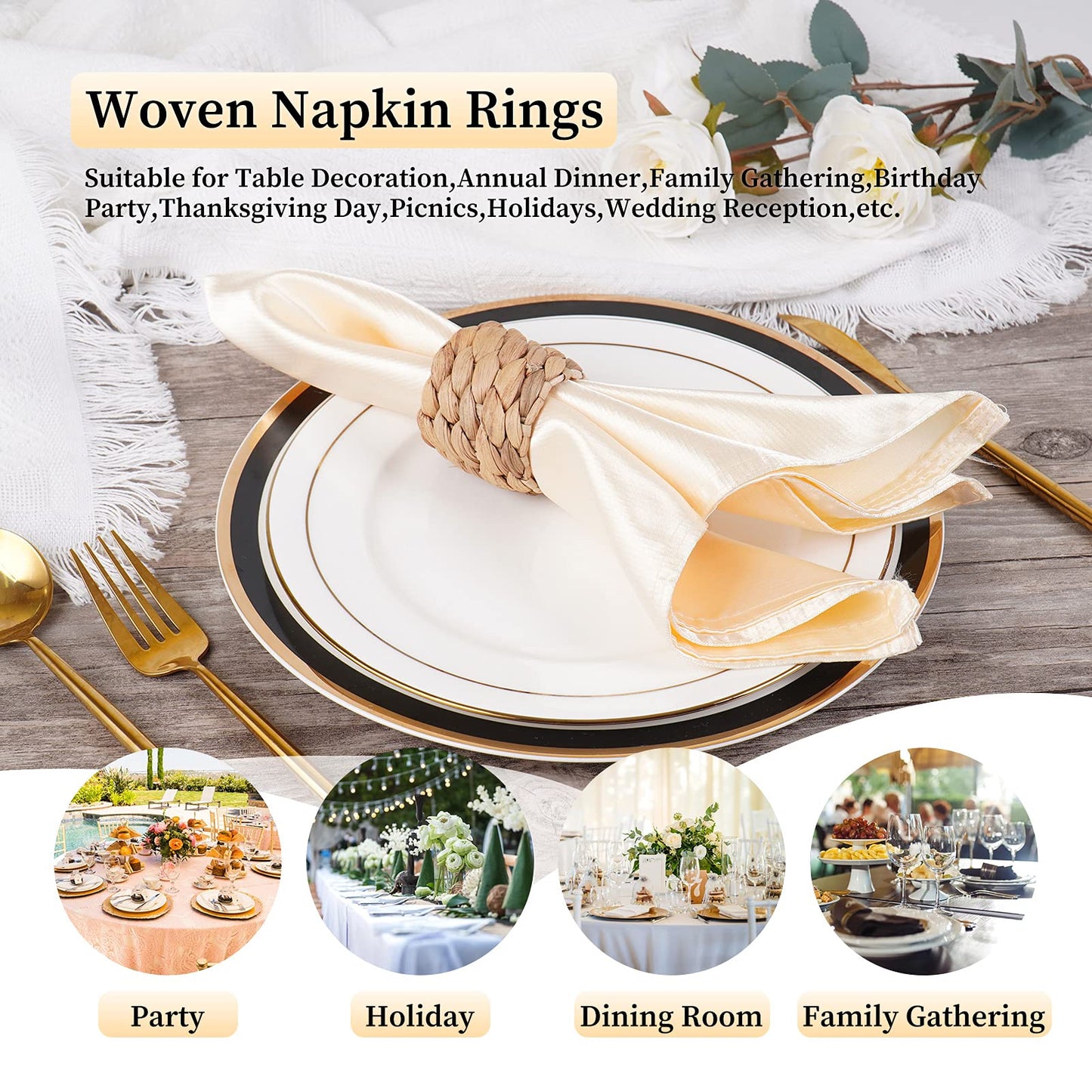 Napkin Rings Set of 6, Thanksgiving Napkin Rings Table Decor Handmade by Natural Water Hyacinth, Fall Farmhouse Napkin Rings for Thanksgiving, Christmas, Wedding Table Decoration