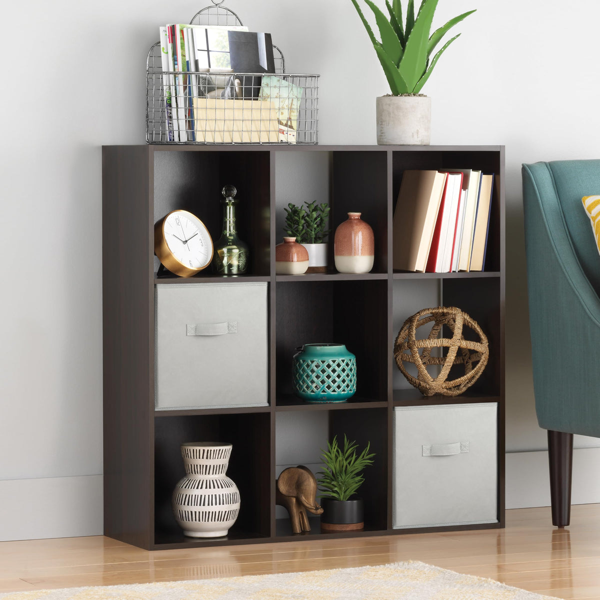 Whitmor 9 Cube Storage Organizer, 3 Tier Stackable MDF Wood Bookcase, Open Storage Display Bookshelf, Storage Cabinet for Living Room, Bedroom, Home, Office, 35.5" L x 11.7" W x 35.5" H, Espresso