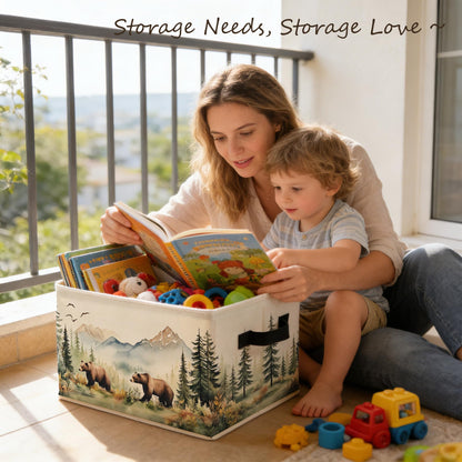 Fyecoluo Forest Brown Bear Nursery Storage Bins Box with Handles, Camping Hiking Lover Gifts Foldable Basket Toybox for Kids Room Nursery Playroom Bedroom Bathroom Clothes Toys Books