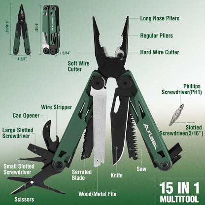 FLISSA Multitool, 15-in-1 Multi Tool Pocket Knife with Sheath, Stainless Steel EDC Multitool Pliers for Men, All-in-One Tools for Camping, Fishing, Survival