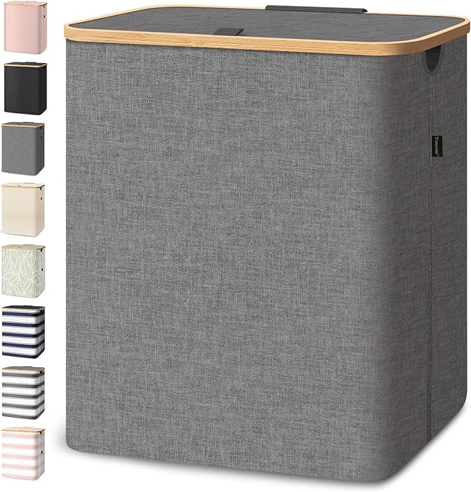 BALEINE Laundry Hamper with Lid, Tall Laundry Baskets with Bamboo Pull Handles