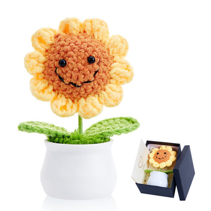 LAIDANLA Golden Yellow Crochet Sunflower Funny Positive Thank You Small Gifts for Women Teacher Coworkers Friends Cute Encouragement Appreciation Crochet Flowers Pot for Office Desk Decor