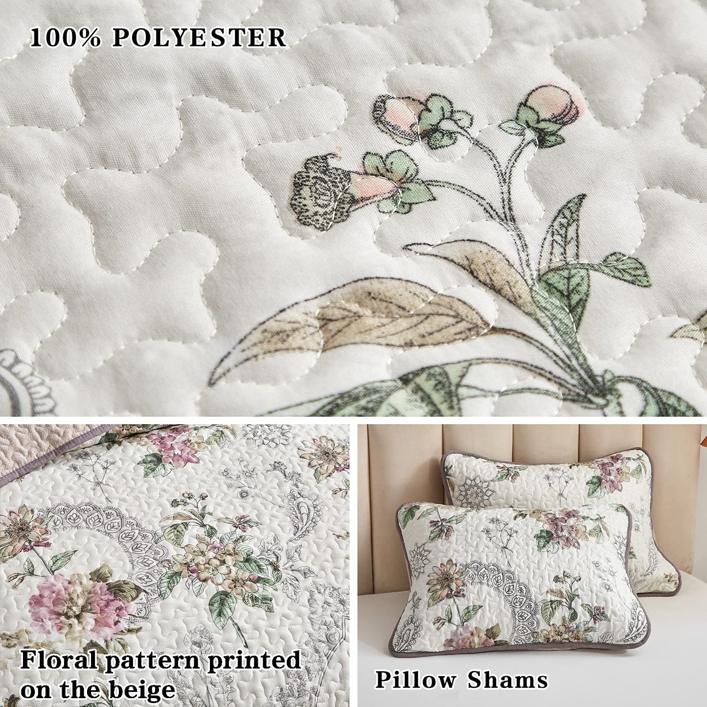 Flysheep 3 Pieces Quilt Set Full/Queen Size, Beige Floral Reversible Bedspread Coverlet Set, Soft Microfiber Lightweight Bed Cover for All Season (90" x 90", 1 Quilt+ 2 Pillow Shams)