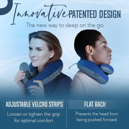 BCOZZY Travel Neck Pillow for Airplane – Patented Double Support for Head, Neck, and Chin. Best for Long Flights, Plane Sleeping, and Car Rides. Adjustable Size. Fully Washable. Carry Bag. Large, Navy