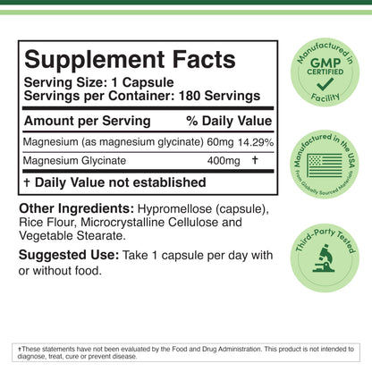 Magnesium Glycinate 400mg, 180 Capsules (Vegan Safe, Manufactured and Third Party Tested in The USA, Gluten Free, Non-GMO) High Absorption Magnesium by Double Wood Supplements