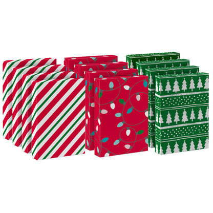 Hallmark Medium Christmas Gift Boxes with Lids (12 Shirt Boxes, 3 Designs: Lights, Trees, Red and Green Stripes) for Christmas, Holiday Parties, Hostess Gifts