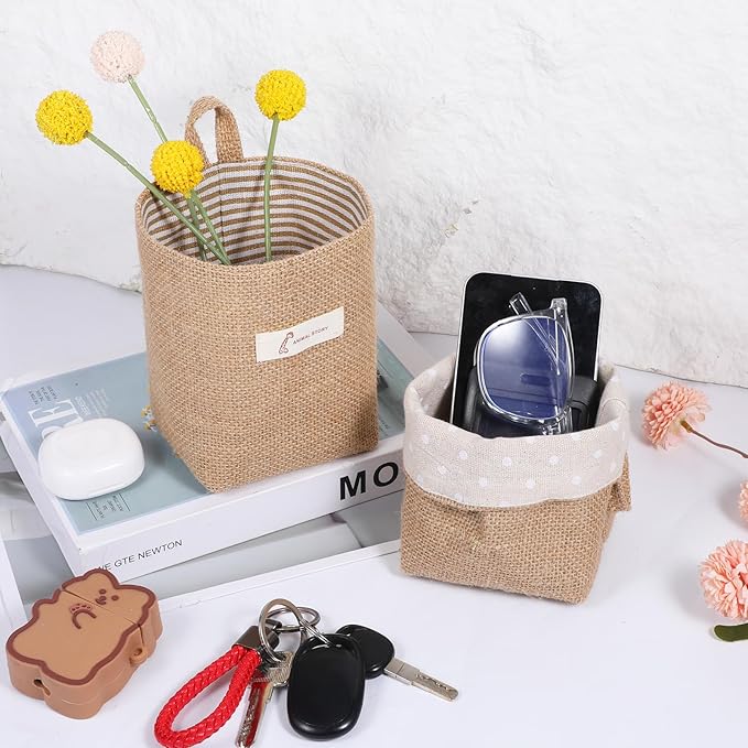2 Pack Hanging Basket for Door, Small Jute Wall Storage, Hanging Storage Bags