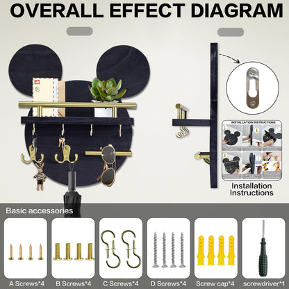 AIRPOP Key Holder for Wall–Mouse Wooden Mail Organizer Wall Mount with Shelf and 6 Hooks, Easy Installation Key Rack Hanger for Entryway Living Room Home Decor (Black)