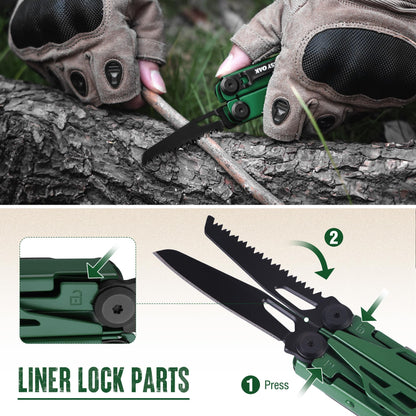 MOSSY OAK CNC-Machined Multitool Pliers, 27-in-1 Multi Tool with Pocket Knife, Fire Starter & Whistle, Bottle Opener, Screwdriver – Self-Locking Survival Tool for Camping & Hiking
