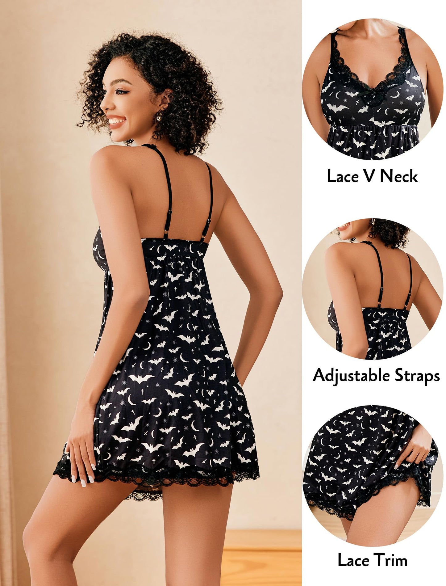 Avidlove Women Sexy Sleepwear Babydoll Nightgown Lace Chemise Halloween Print Medium