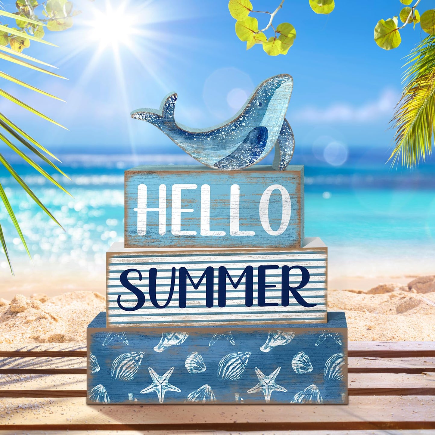 Britimes 4 Pcs Summer Wooden Tiered Tray Decor Set, Ocean Whale Table Decor Rustic Farmhouse Coastal Wood Coffee Table Centerpieces for Home Kitchen Office Decorations (Sea Style)