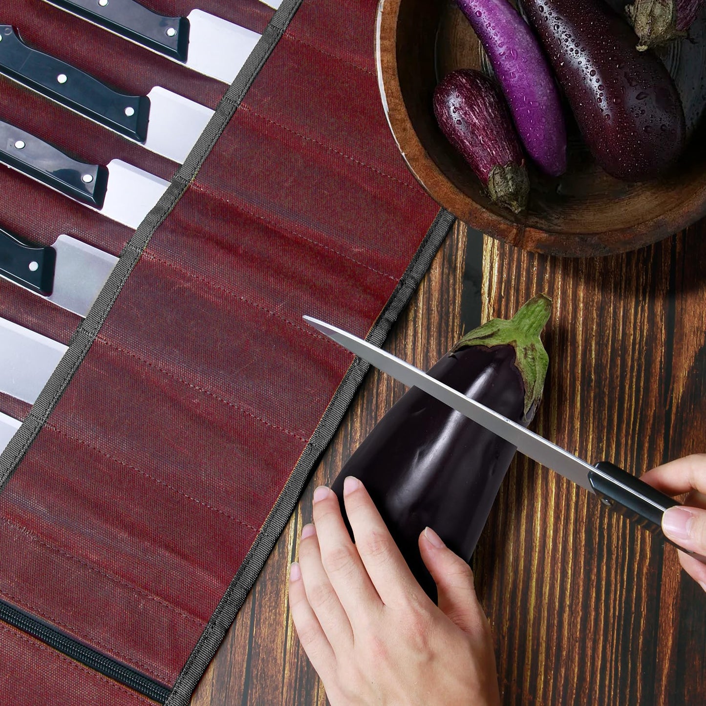 Chef Knife Roll Bag,Waxed Canvas Knife Travel Case,Heavy Duty Professional Knife Carrier Storage Holder with 10 Slots,Portable Kitchen Culinary Tool Organizer for Men,Fits up to 18.8” Knives.Burgundy