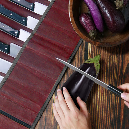 Chef Knife Roll Bag,Waxed Canvas Knife Travel Case,Heavy Duty Professional Knife Carrier Storage Holder with 10 Slots,Portable Kitchen Culinary Tool Organizer for Men,Fits up to 18.8” Knives.Burgundy